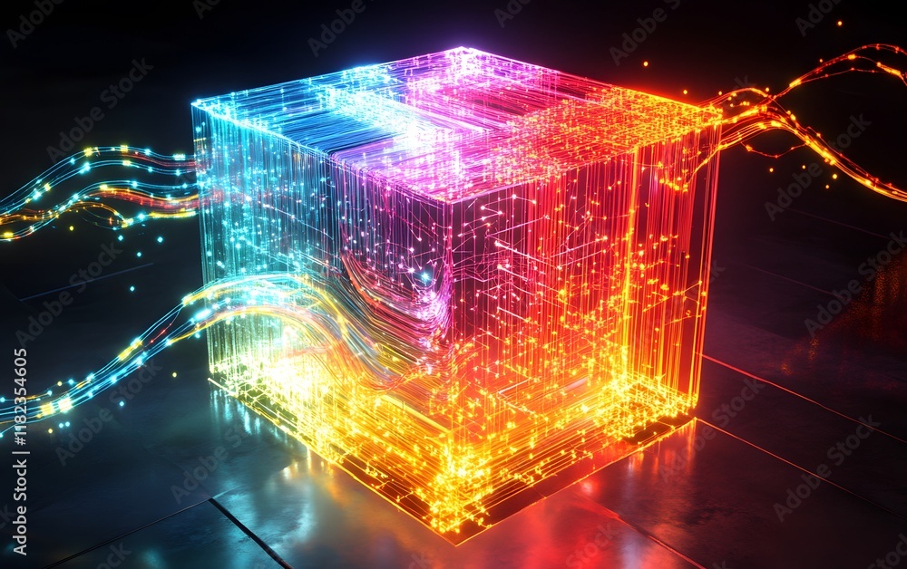 Poster a vibrant, glowing cube composed of colorful lights and digital particles, representing technology a