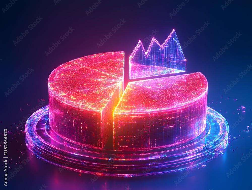 Poster a vibrant, digital representation of a pie chart with a line graph overlay. the neon colors and futu