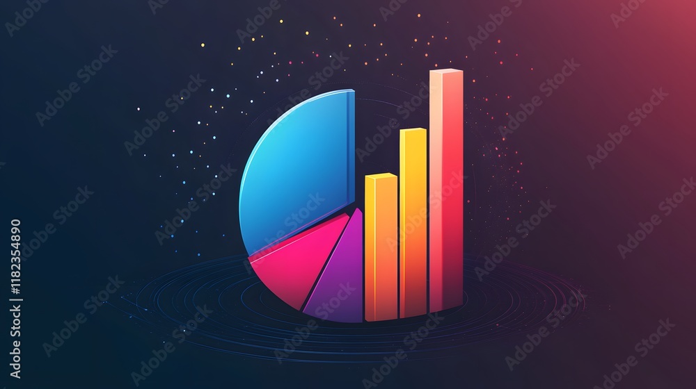 Poster a vibrant digital illustration showcasing a pie chart and bar graph, representing data analysis and 