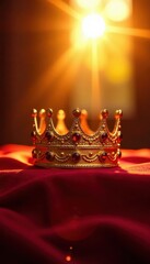 Radiant gold coronation crown resting atop a richly coloured red velvet cloth in the sun's golden rays, corona, luxurious