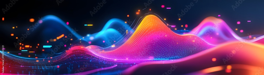 Poster an abstract representation of sound waves in vibrant colors, creating a dynamic visual experience th