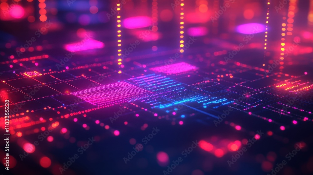 Poster abstract neon pink and blue digital grid with code and data streams. ideal for tech presentations, w