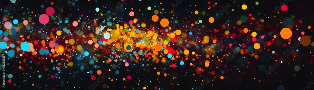 Poster an abstract representation of vibrant, colorful spheres against a dark background, creating a lively