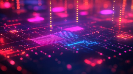 Abstract neon pink and blue digital grid with code and data streams. Ideal for tech presentations, websites, or sci-fi visuals.