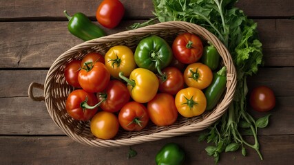 A Basket Full of Fresh Produce with tomatoes, peppers, leafy greens