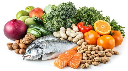 Assorted fresh vegetables fruits nuts and fish for a balanced diet on a white background.
