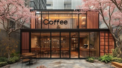 Modern coffee shop with outdoor seating and cherry blossoms.