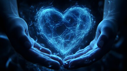 A heart-shaped blue digital line, symbolizing health technology for healthcare systems. The hand holds up a glowing neon-blue geometric shape
