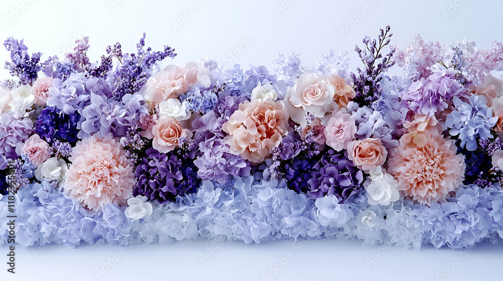 Sticker A vibrant arrangement of purple and pink flowers, creating a lush and colorful floral display against a light background.