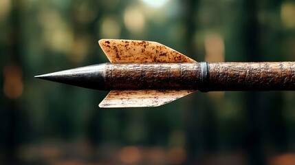 A rusty arrow pointing towards the sky with a blurred background