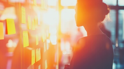A group of coworkers collaborating in a bright office space, using a digital whiteboard and sticky notes to brainstorm ideas for a new project