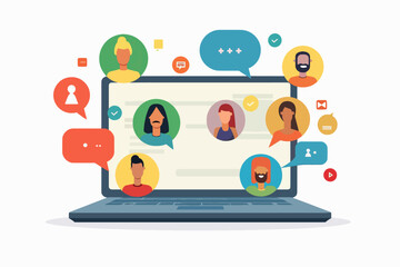 Digital workspace showing online team meeting with profile avatars and chat bubbles.