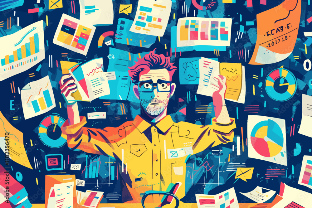 Aufkleber professional surrounded by floating data visualizations and charts in vibrant colors.