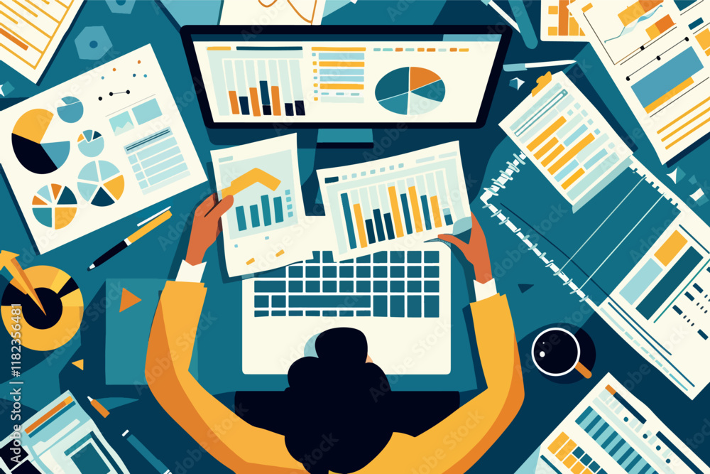 Aufkleber professional analyzing financial charts and graphs on computer screen with documents.