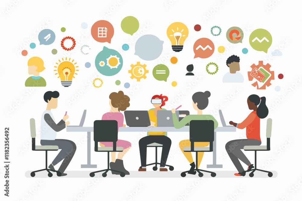 Aufkleber diverse team working at desk with floating idea bubbles and tech icons above.