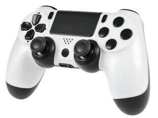 A white game controller with black buttons, joysticks a directional pad, triggers, and action buttons, isolated over transparent background, PNG cut-out	
