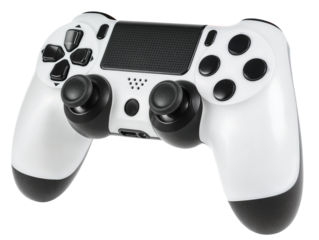 A white game controller with black buttons, joysticks a directional pad, triggers, and action buttons, isolated over transparent background, PNG cut-out	
