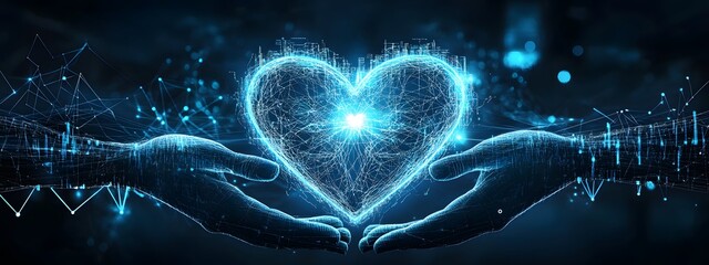 A heart-shaped blue digital line, symbolizing health technology for healthcare systems. The hand holds up a glowing neon-blue geometric shape