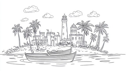 Tropical island lighthouse sketch, boats, peaceful ocean, illustration