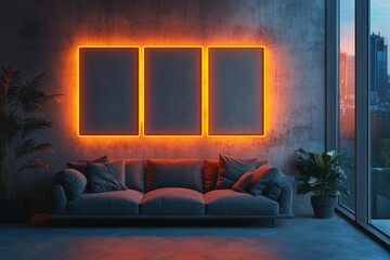 Neon-lit triptych frames above sofa, city view, modern apartment, mockup