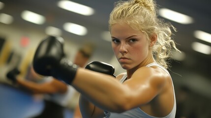 Fototapeta premium A young woman practicing kickboxing in a gym, focusing on her punches and footwork, symbolizing fitness, strength, and self-defense