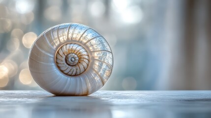 Obraz premium A polished seashell glows with inner light against a soft bokeh backdrop. Ideal for wellness, nature, or spiritual themes.