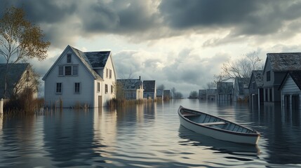  Village submerged by rising sea levels with boat navigating through flooded streets. Concept of climate change awarness. Generative AI