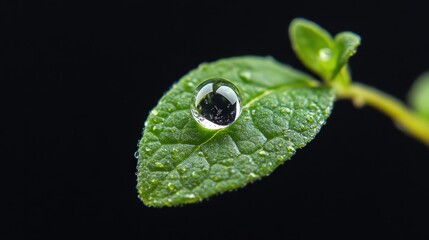 A macro shot of a water droplet on a vibrant green leaf against a black background. Ideal for nature-themed designs or websites promoting freshness and purity.