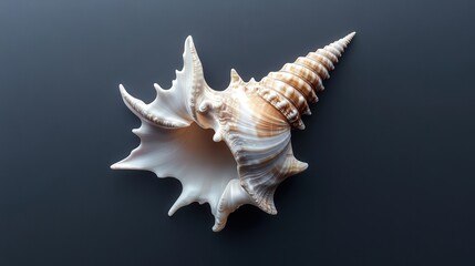 Fototapeta premium A pristine seashell rests on a dark background. Its elegant spiral and delicate frills showcase nature's artistry. Ideal for beach-themed designs or educational materials.