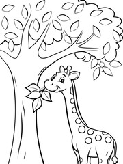 Adorable Giraffe Eating Leaves from a Lush Tree Coloring Page