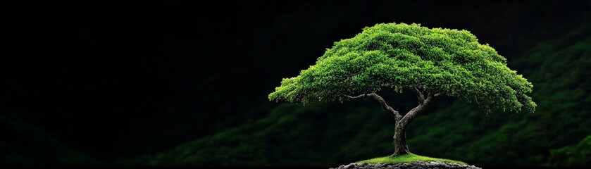 Solitary Tree on a Black Background: A single, vibrant tree stands tall against a stark black backdrop, symbolizing resilience, strength, and the power of nature's beauty in a minimalist aesthetic.  