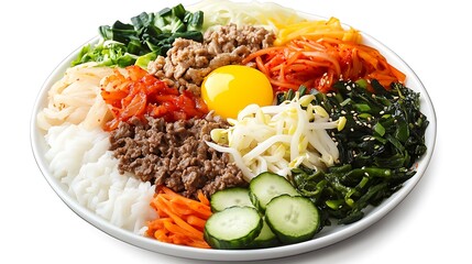 Bibimbap a Korean dish with vibrant ingredients plated on white background.