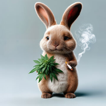 A fluffy rabbit holds a leafy cannabis plant while puffing on a cigarette, with smoke curling around its ears
