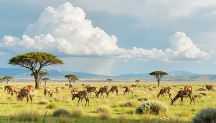 Fototapeta premium Grazing antelope in lush grassland with acacia trees, natural harmony, World Wildlife Day