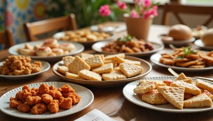 Colorful Purim feast table with traditional dishes and cookies, celebration