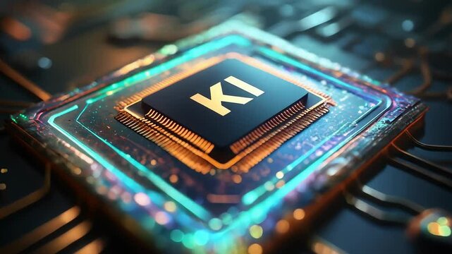 Futuristic KI microchip with glowing circuitry in macro view
