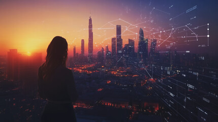 Fototapeta premium Abstract business woman stands on the peak of success amid tall, innovative Smart city and graphs with statistics to analyze business potential and predict future developments in company growth.
