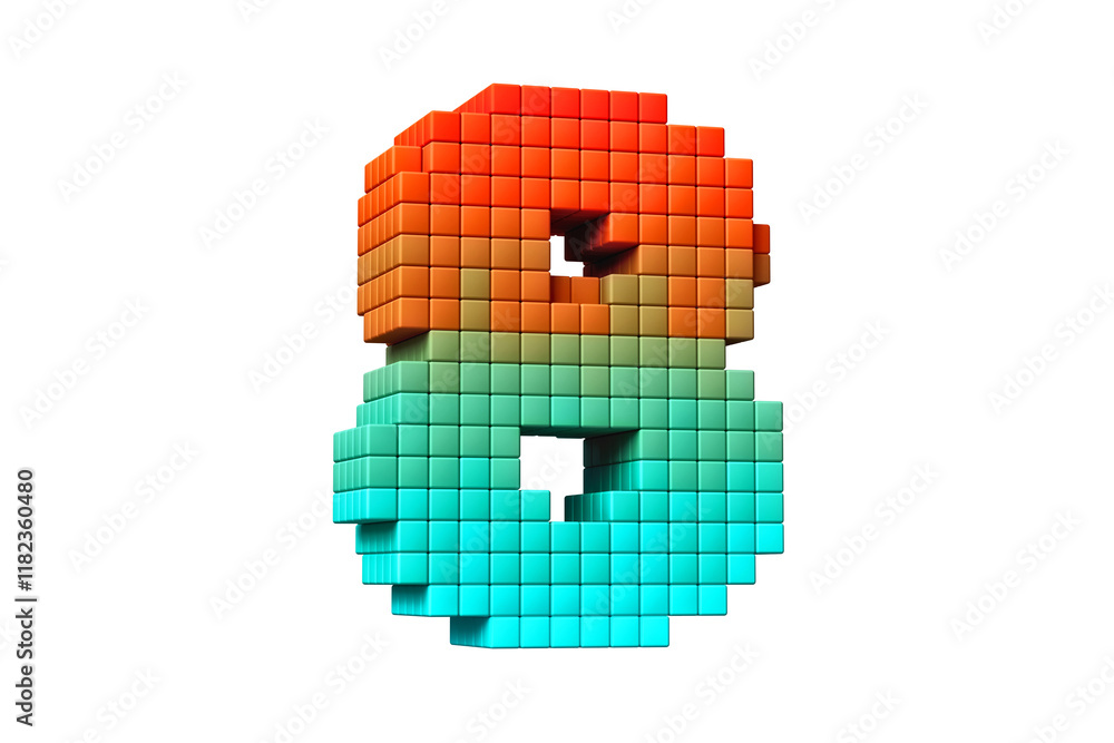 Poster pixel art number 8 font with an orange to teal gradient. high quality 3d rendering.