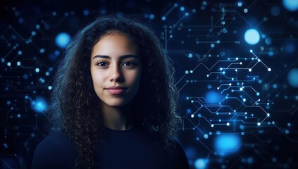 A dark blue background with glowing circuit board patterns