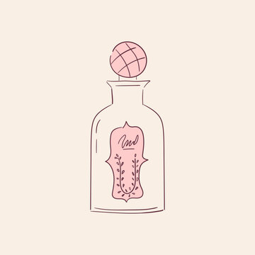 Line art perfume glass bottle in vintage style. Coquette design of potion flask. Hand drawn elixir. Outline vector illustration