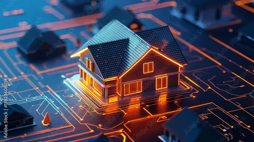 Poster innovation of smart home technology with illuminated circuits and sleek architecture, showcasing a v