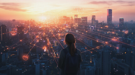 Abstract business woman stands on the peak of success amid tall, innovative Smart city and graphs with statistics to analyze business potential and predict future developments in company growth.