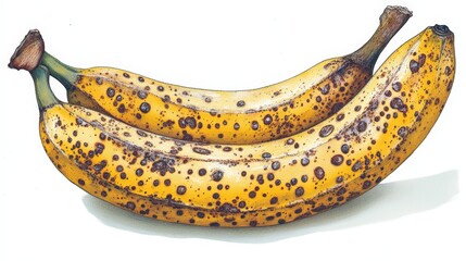 Two ripe spotted bananas with brown spots on yellow peel. Ideal for educational materials recipes or healthy eating promotions.