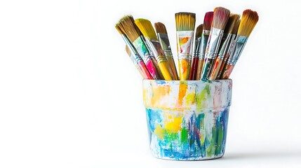 Brushes with Paint Inside a Creative Pot Set on a Clean White Background
