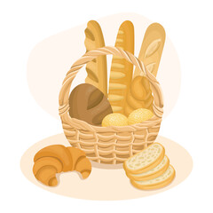 Brown wicker basket with bread, fresh baked baguette and croissant, on white background, modern illustration