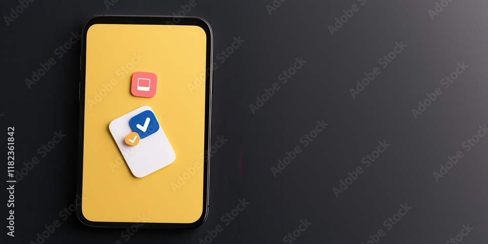 Poster mobile screen with checkmark and square icons design