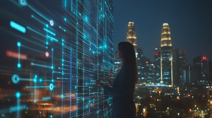 Abstract business woman stands on the peak of success amid tall, innovative Smart city and graphs with statistics to analyze business potential and predict future developments in company growth.
