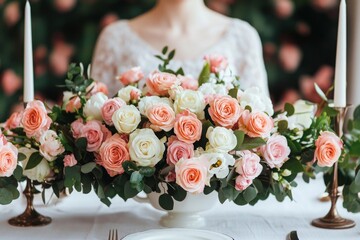 Valentine's Day flowers and dining. Elegant floral arrangement with roses and greenery, set on a table with candles.