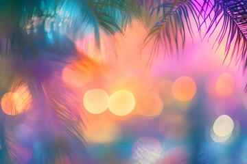 Obraz premium A vibrant sunset over the palm trees of an exotic island, creating a dreamy and romantic atmosphere.