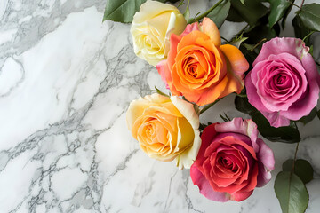 Naklejka premium Vibrant, rainbow-colored roses, close-up on a white background, high-definition photography showcasing the colorful blooms. 